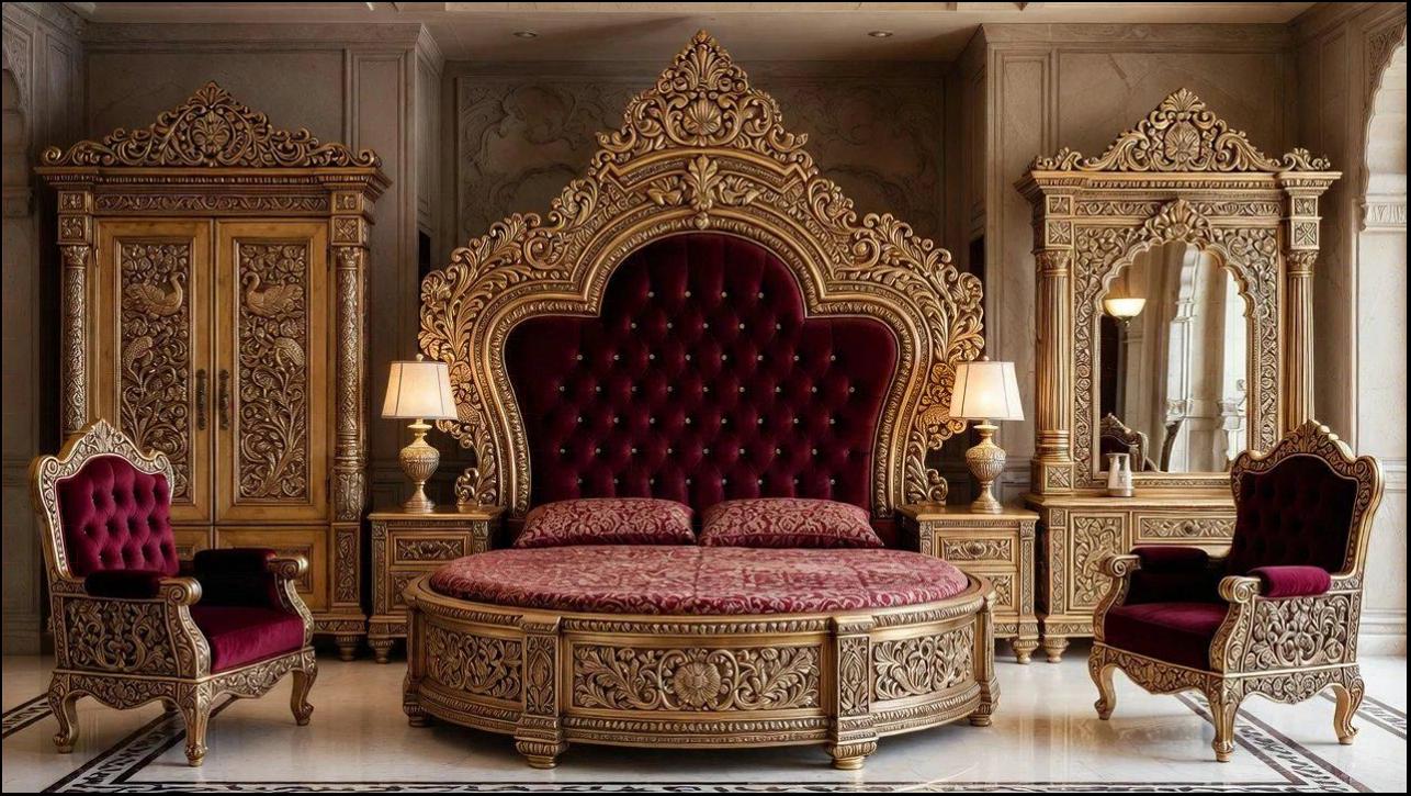 a bed with a red headboard and a red headboard