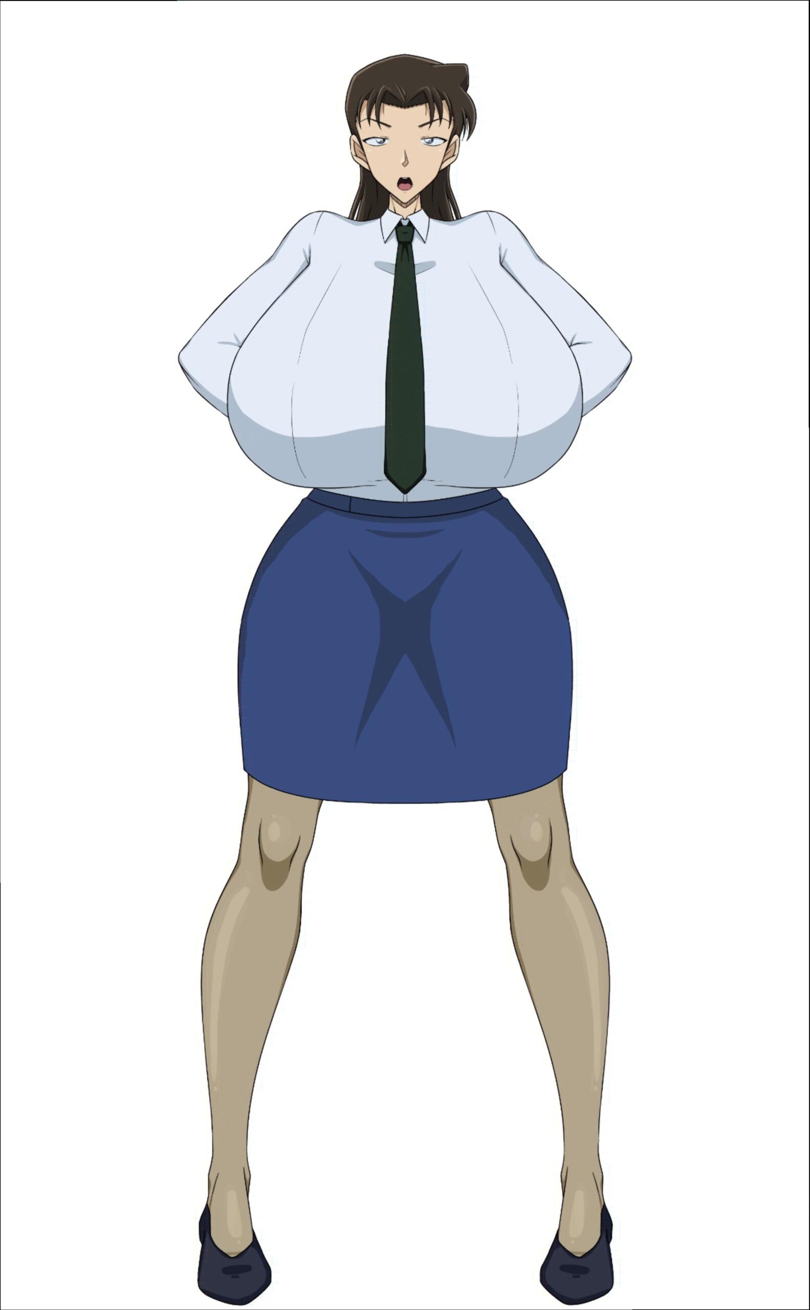 a woman wearing a blue dress and a blue tie