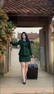 a woman in a suit and a suitcase on a sidewalk