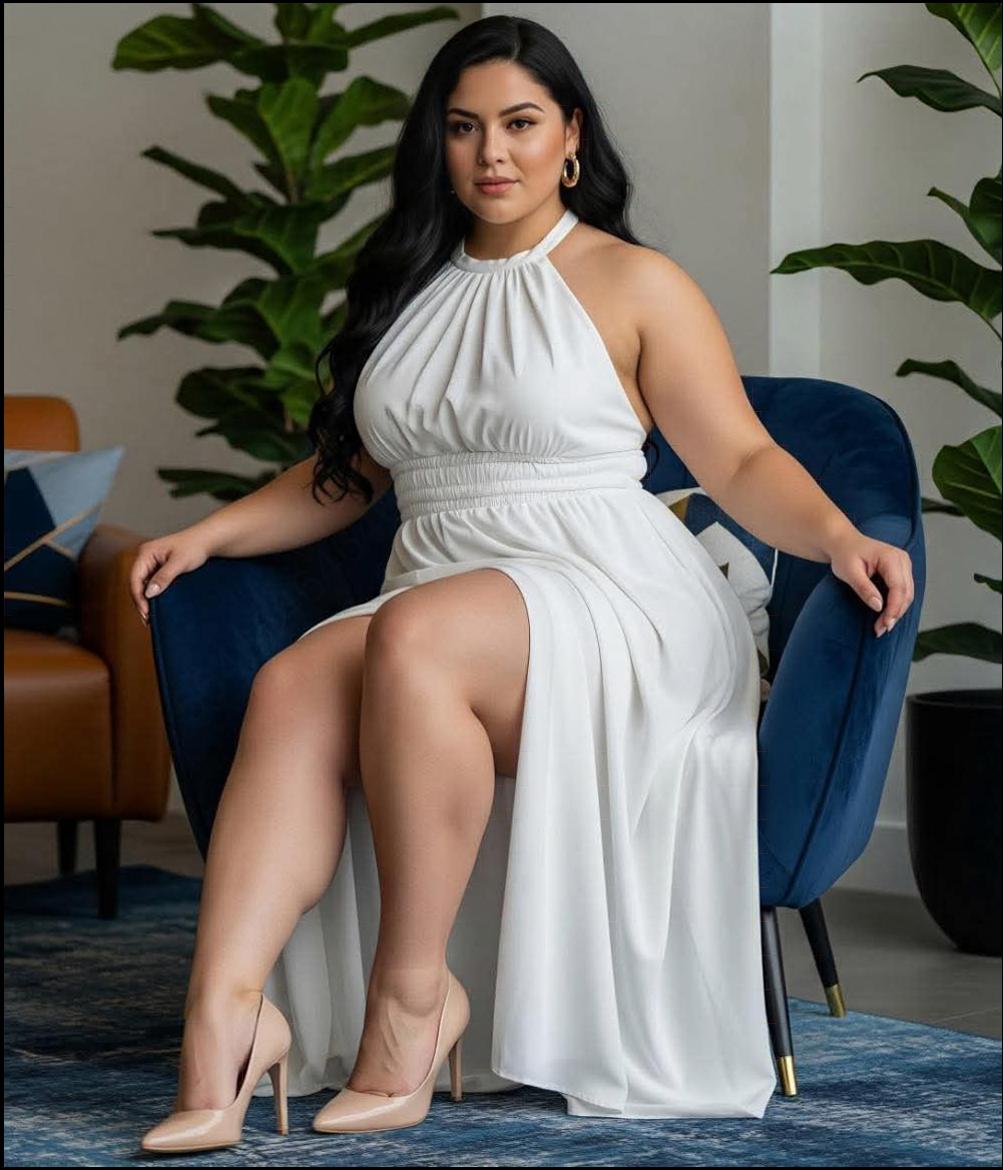 a woman in a red dress sitting on a chair