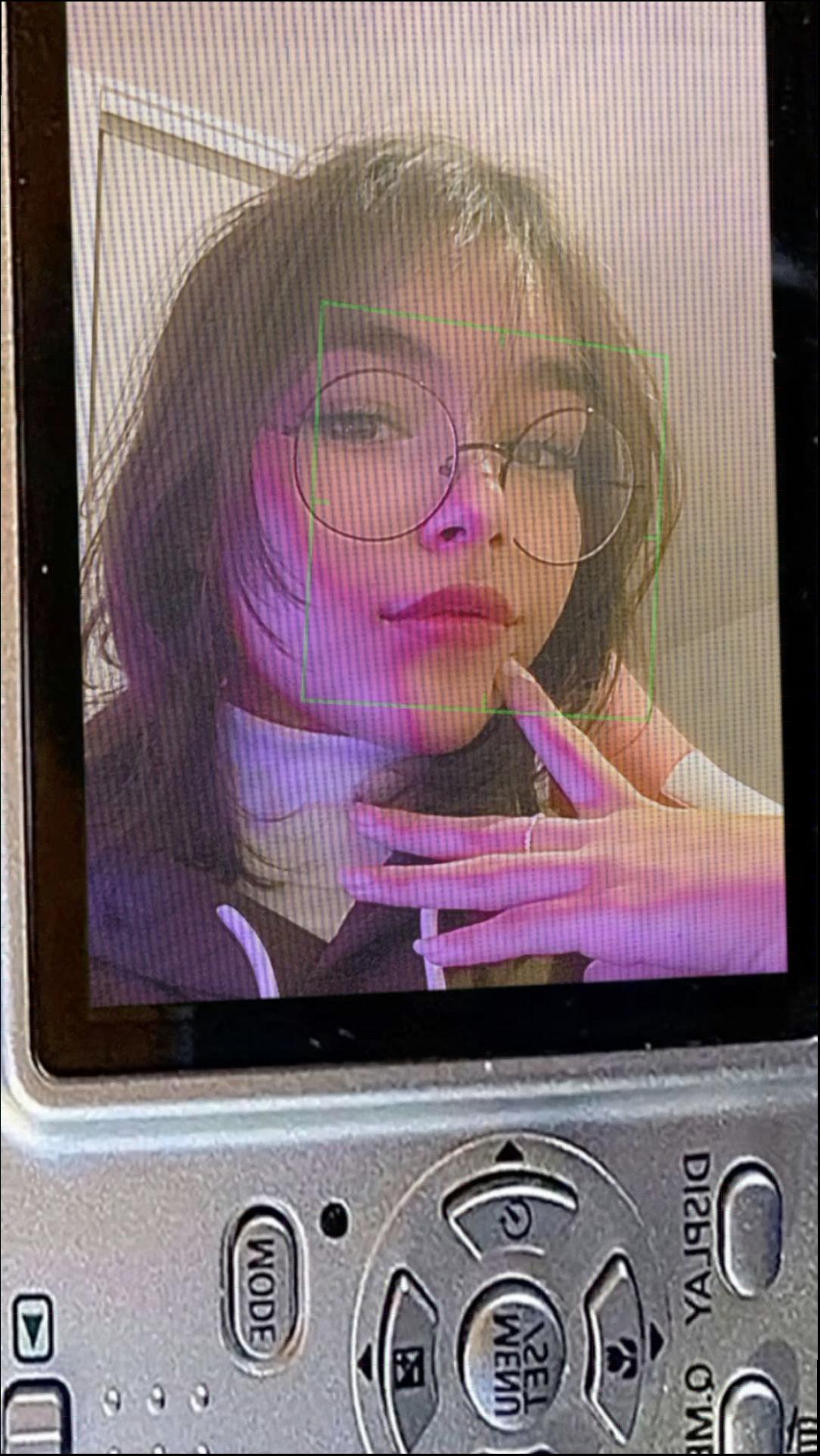 a woman is sitting on a tv with a picture of a dog