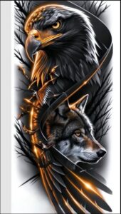 An illustration depicts a golden eagle and a gray wolf. The eagle is positioned above and slightly behind the wolf, both rendered in shades of black and gold with glowing highlights. Bare tree branches are interspersed throughout the composition.