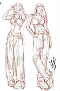 two photographs of a painting of a woman in a black dress