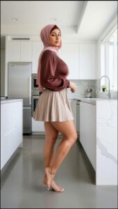 A woman wearing a pink hijab, a maroon long-sleeved top, and a beige pleated skirt stands in a modern kitchen with white cabinets and stainless steel appliances. She is barefoot and looking to the side.