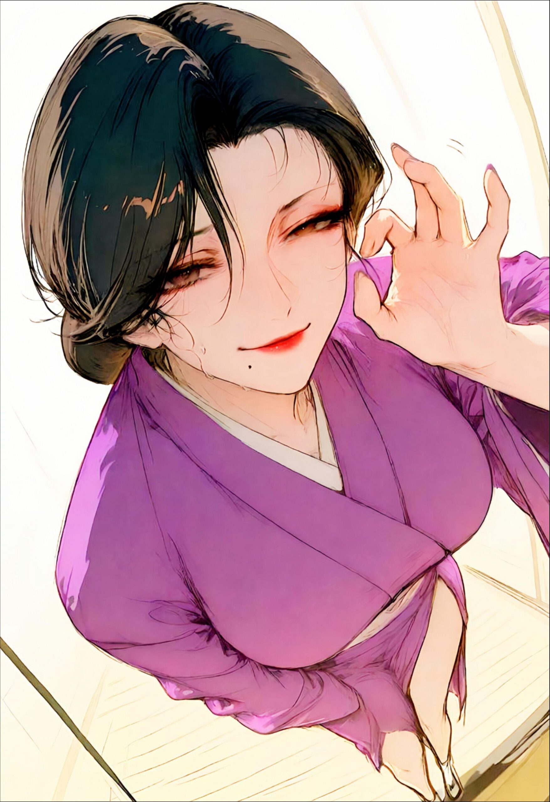 a woman with a red hair and a blue top