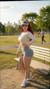 a woman is posing on a bench in a park