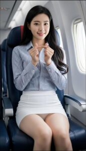 a woman in a blue dress sitting on a plane
