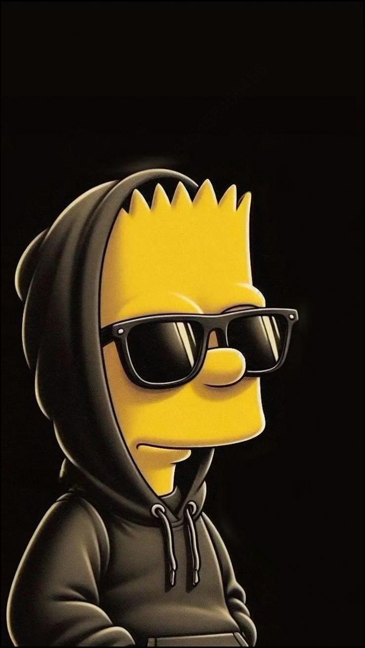 A cartoon character resembling Bart Simpson, wearing sunglasses and a hooded sweatshirt, is depicted against a black background.