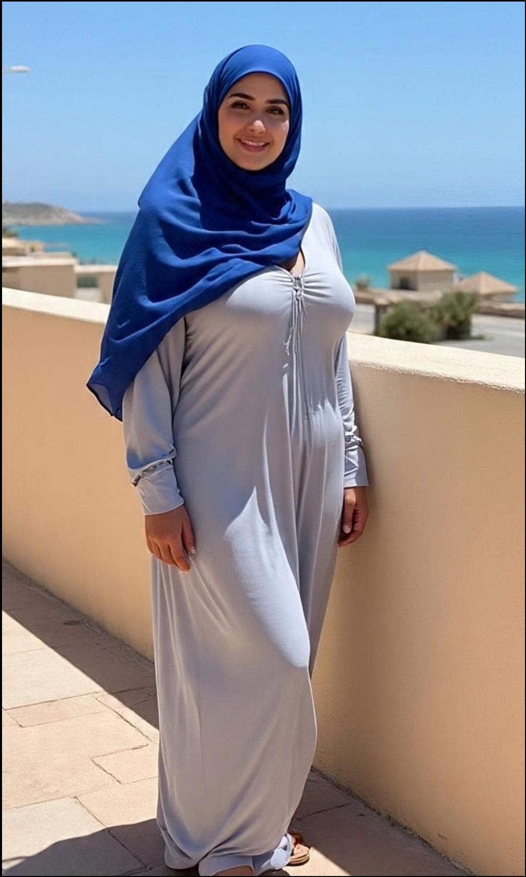 a woman wearing a blue and white dress standing by a wall