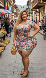 A woman in a floral dress stands on a cobblestone street lined with market stalls and colorful umbrellas. She carries a basket of fruit and wears brown flats. Buildings with balconies and awnings line the street, and people are visible in the background.