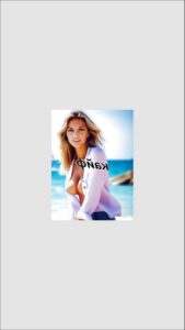 a woman standing in front of a white wall with a picture of a dog on it