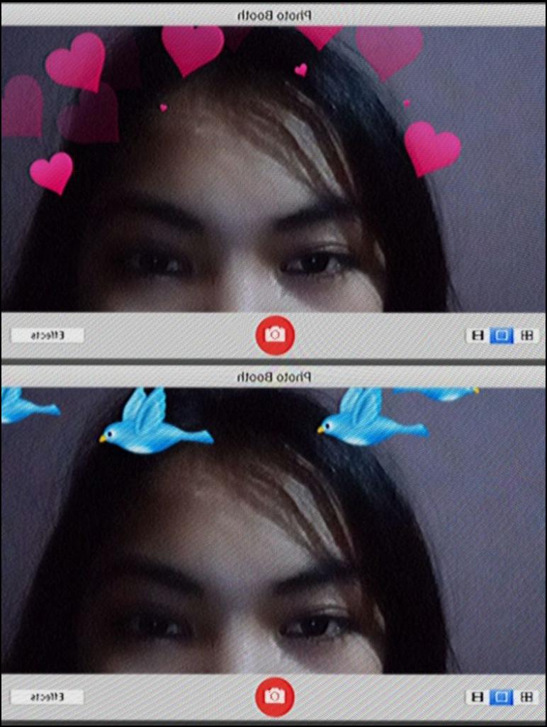 Two close-up photos of a person's face are displayed side-by-side, each featuring a "Photo Booth" overlay. The top photo includes pink hearts and light blue birds, while the bottom photo has light blue birds. Both photos have "Effects" written in the bottom left corner.