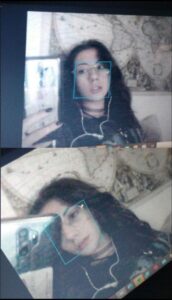 Two photos of a person wearing glasses and earphones, taken on a screen. The top photo shows a close-up of the person's face with a blue box highlighting their face. The bottom photo shows the same person with a different angle and a blurred background.