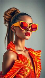 a woman wearing a red and black dress and a blue and white headscarf