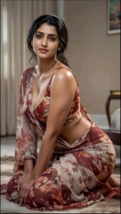 a woman sitting on a bed with a flower