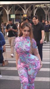 a woman in a pink dress is walking down the street