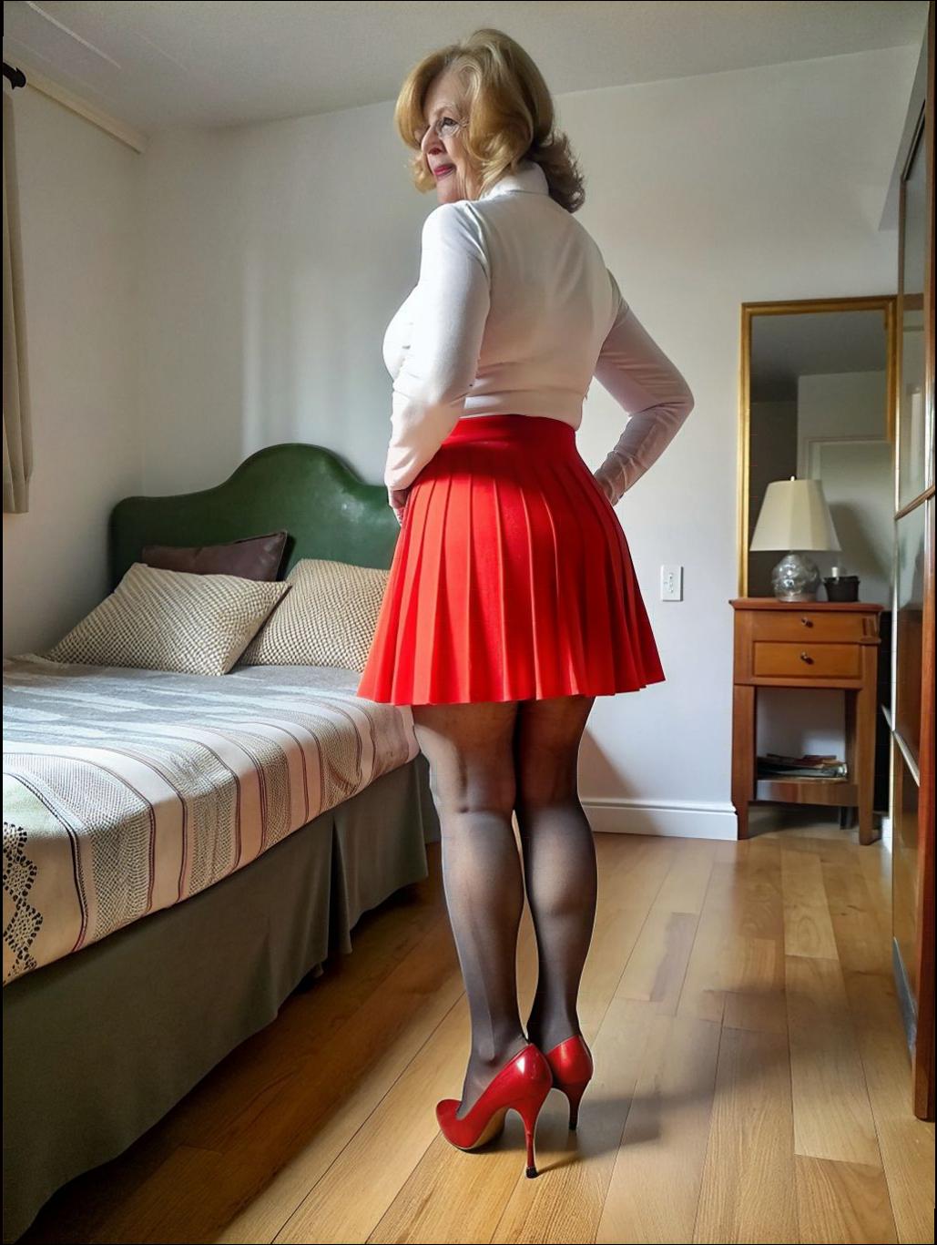 a woman in a red dress is on a bed