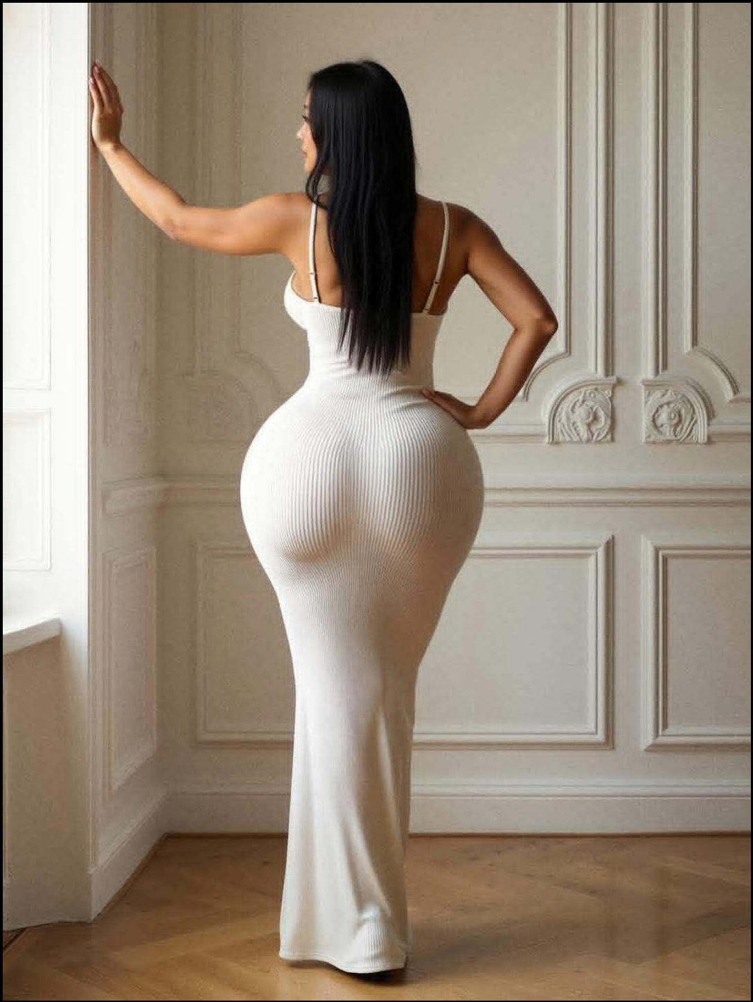 a woman in a white dress standing in front of a white wall