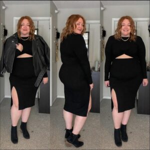 a woman in a black dress and a black and white photo