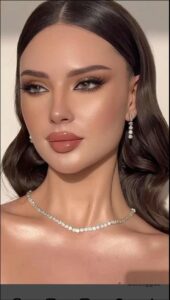 a woman in a red dress with a blue flower